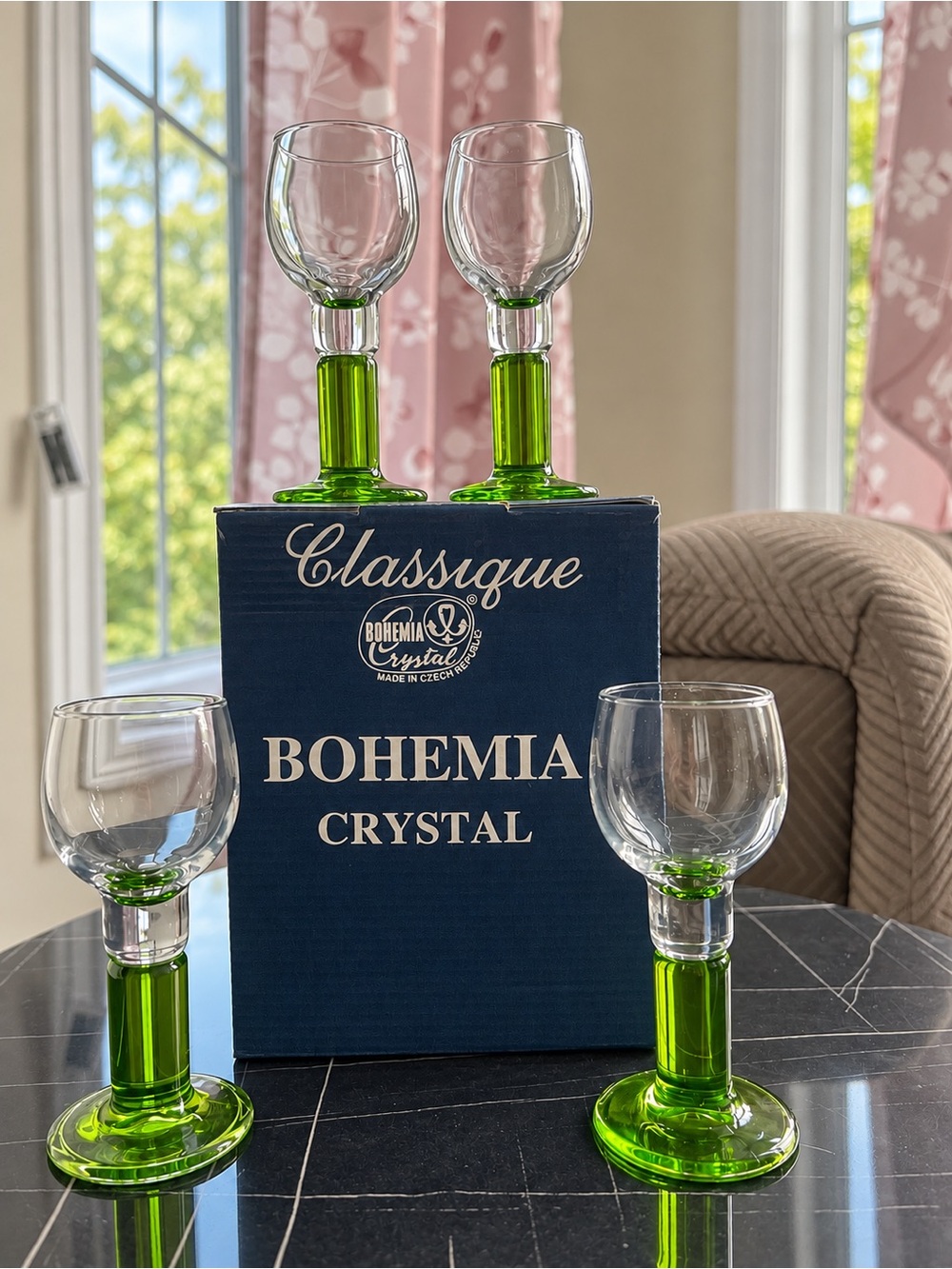 Vintage Bohemia Crystal Classique Green Stem Liqueur / Cordial Glasses – Set of